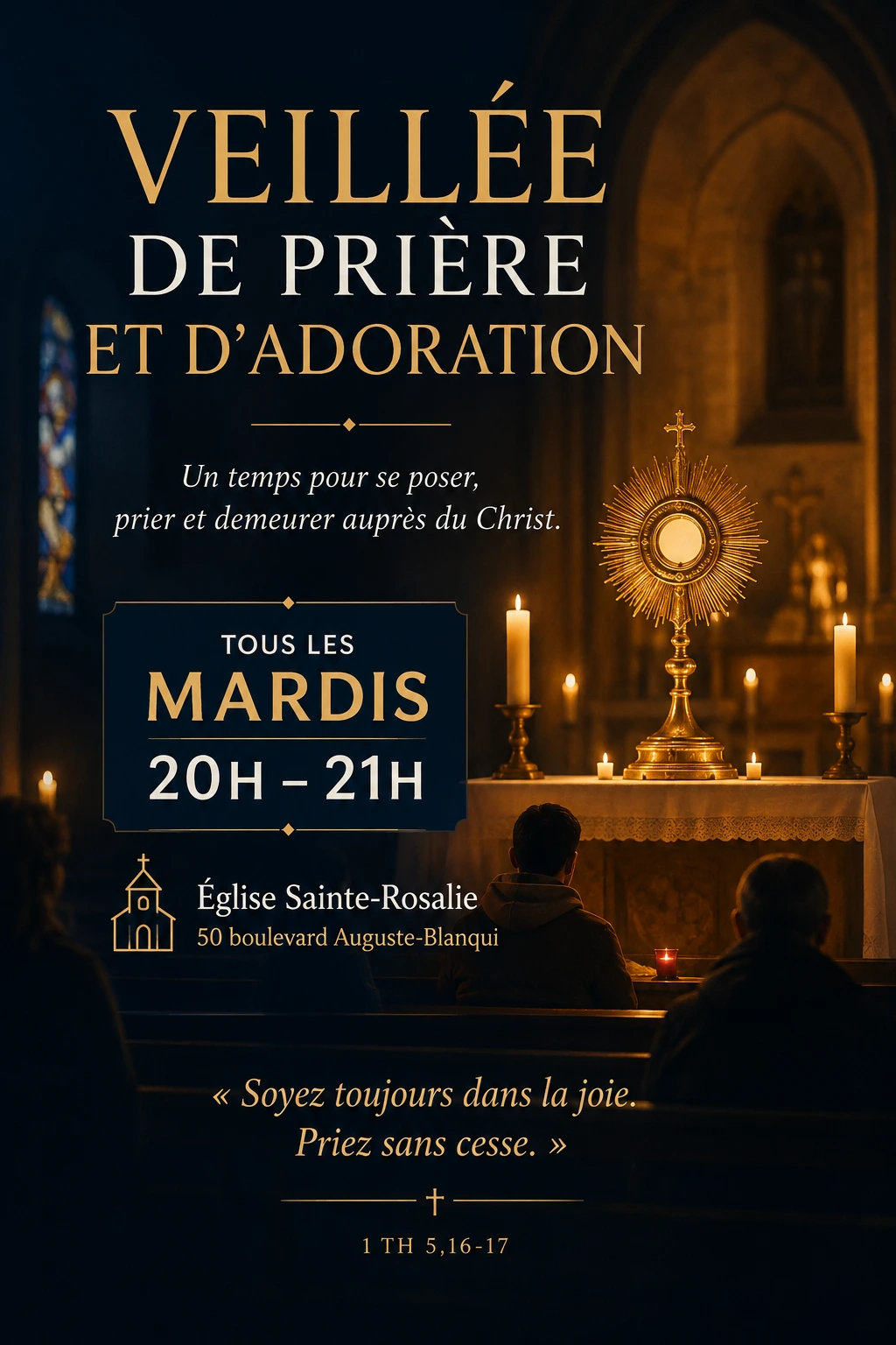 Veillée de prière et d’adoration à l’église Sainte-Rosalie, chaque mardi de 20h à 21h